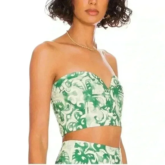 Alexis Isola Printed Bustier Small S Sage Cropped Top Strapless Sweetheart linen - Picture 7 of 9